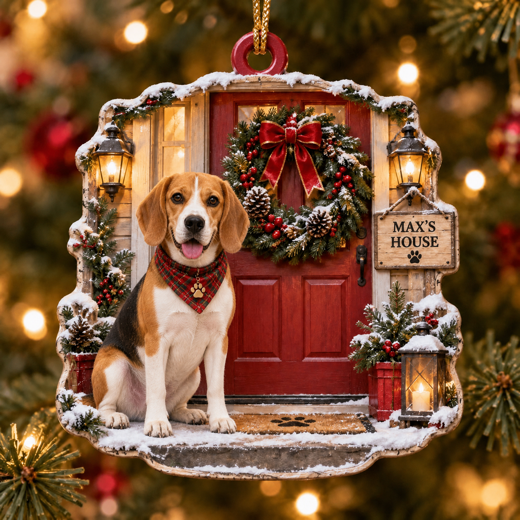Personalized Dog Christmas Ornament – Custom Pet Name Holiday Door Wreath Ornament