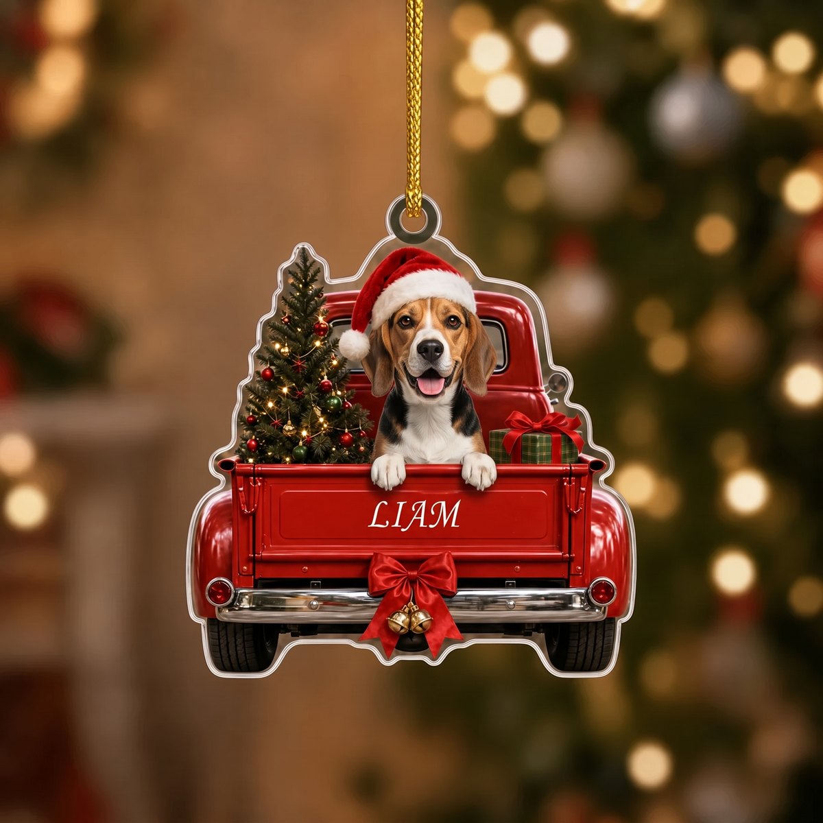 Personalized Dog Christmas Ornament – Vintage Red Truck & Tree