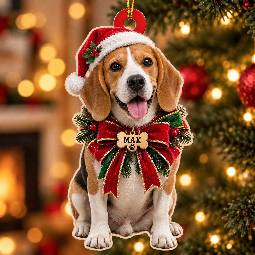 Personalized Dog Christmas Ornament – Custom Pet Name Holiday Bow Ornament