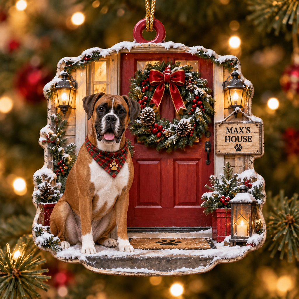 Personalized Dog Christmas Ornament – Custom Pet Name Holiday Door Wreath Ornament