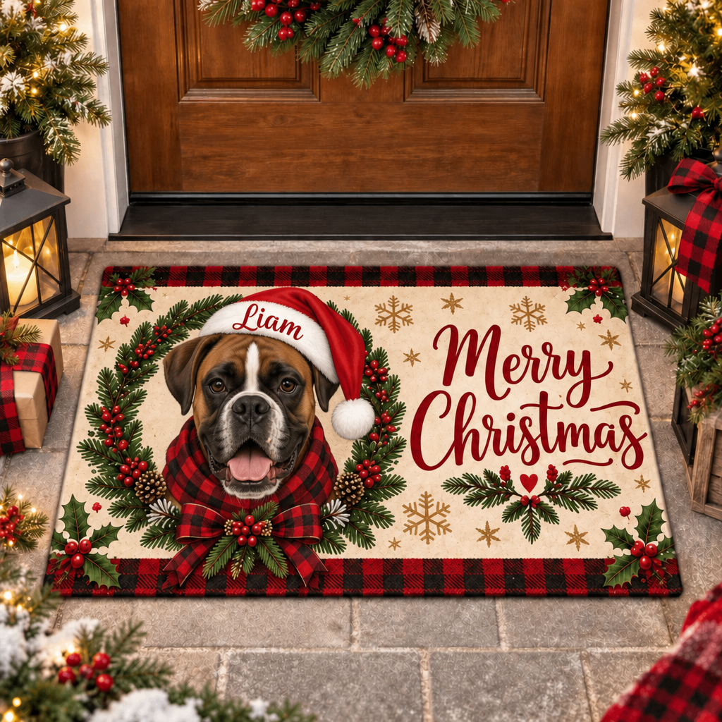 Custom Pet Doormat – Santa Dog, Plaid Wreath, Merry Christmas