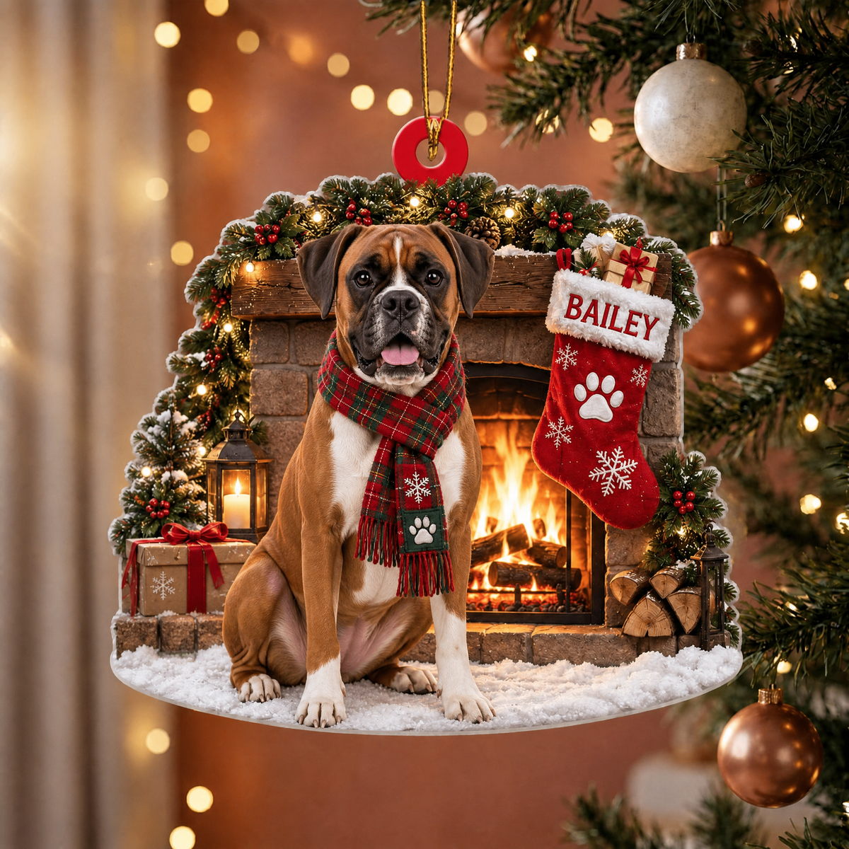 Personalized Dog Christmas Ornament – Custom Pet Name Stocking by the Fireplace Ornament