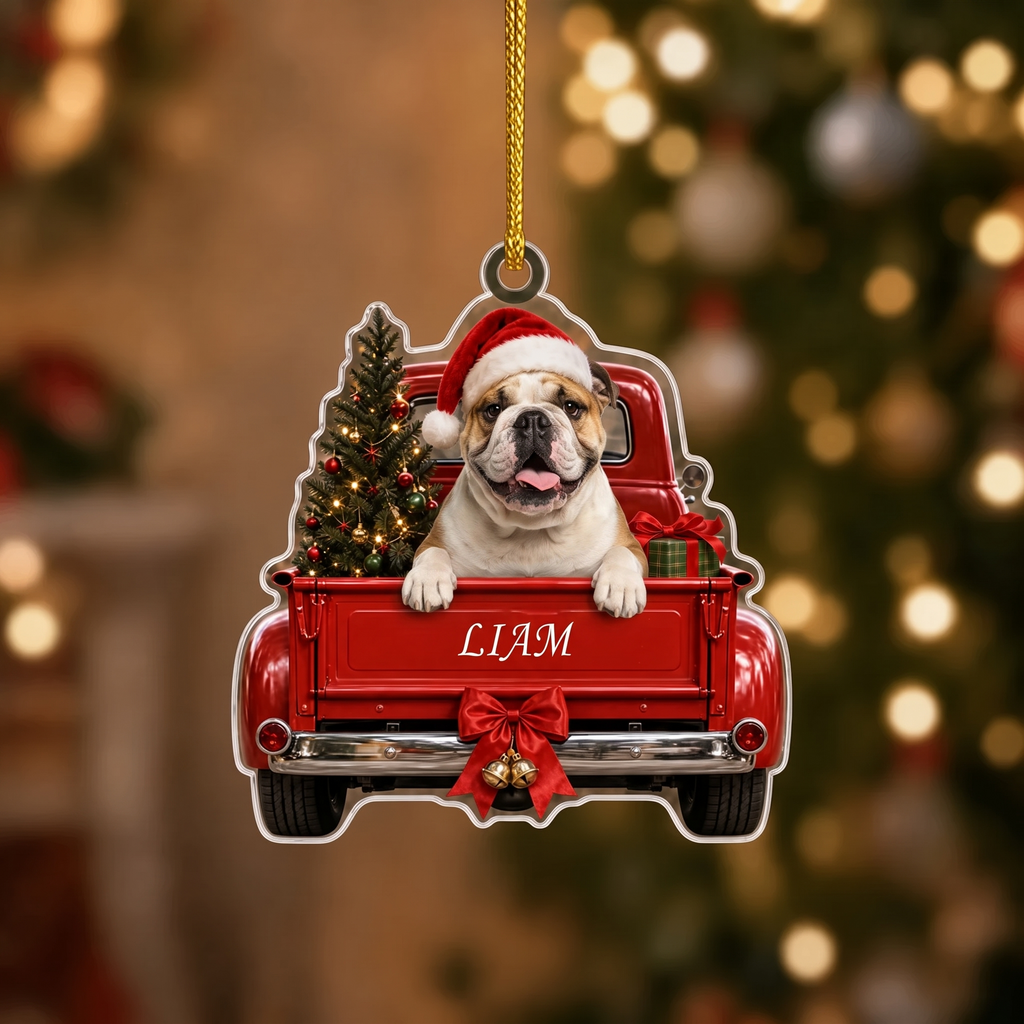 Personalized Dog Christmas Ornament – Vintage Red Truck & Tree