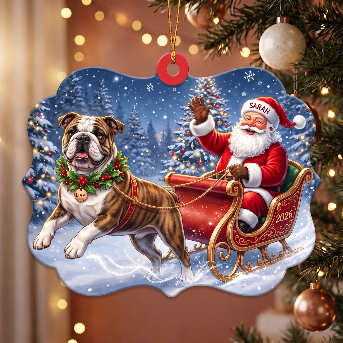 Custom Pet Ornament – Santa's Sleigh, Dual Name Personalization