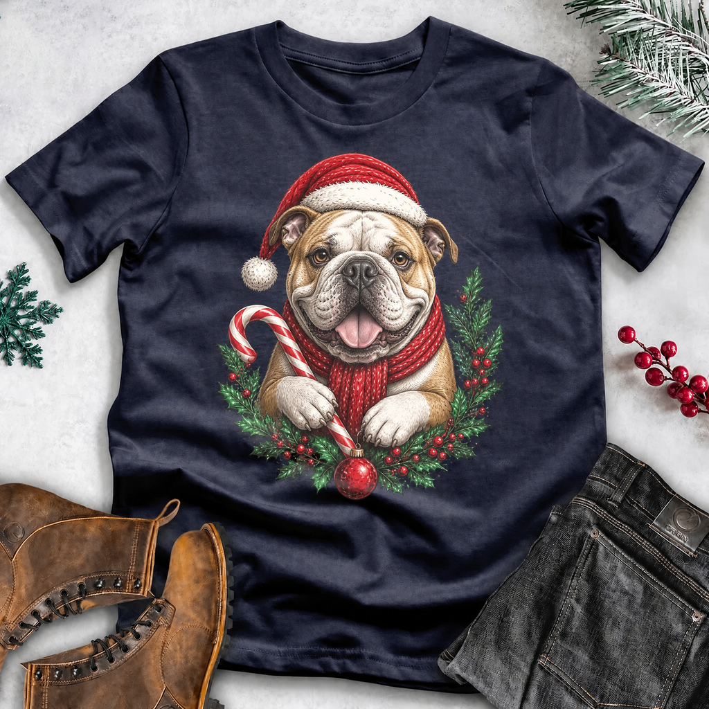 Dog Lover Christmas T-Shirt – Santa Hat, Scarf & Candy Cane