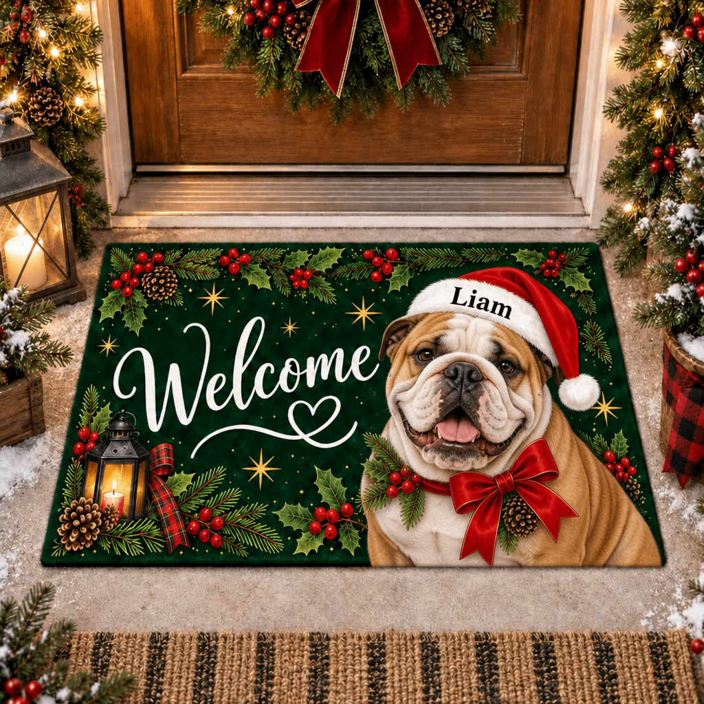 Custom Name Dog Doormat, Santa Hat Welcome Mat