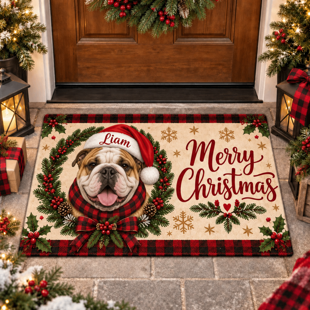Custom Pet Doormat – Santa Dog, Plaid Wreath, Merry Christmas