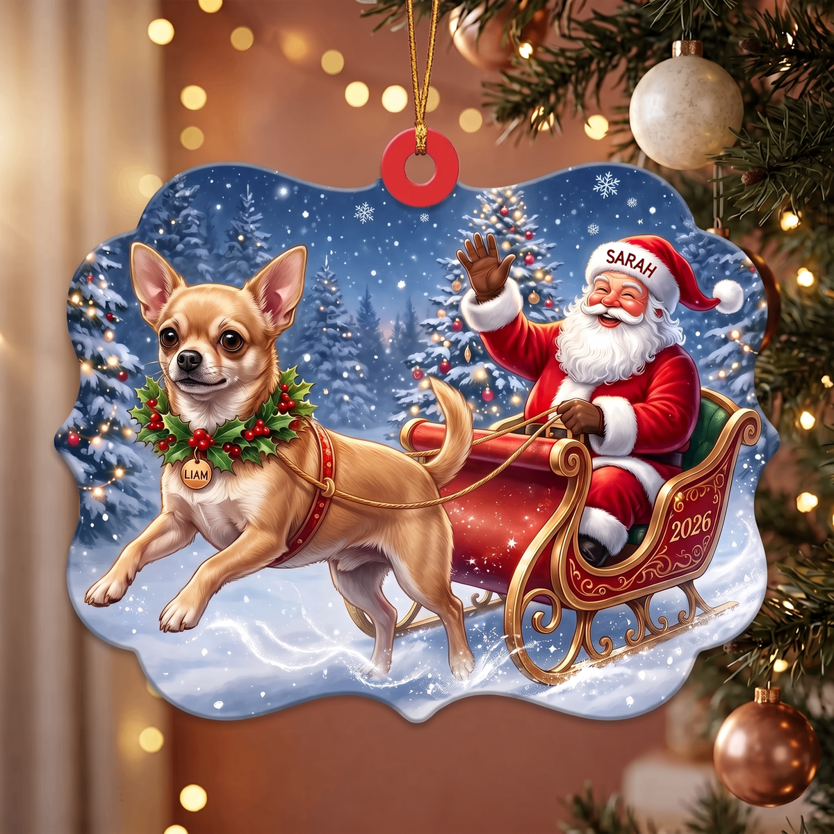 Custom Pet Ornament – Santa's Sleigh, Dual Name Personalization