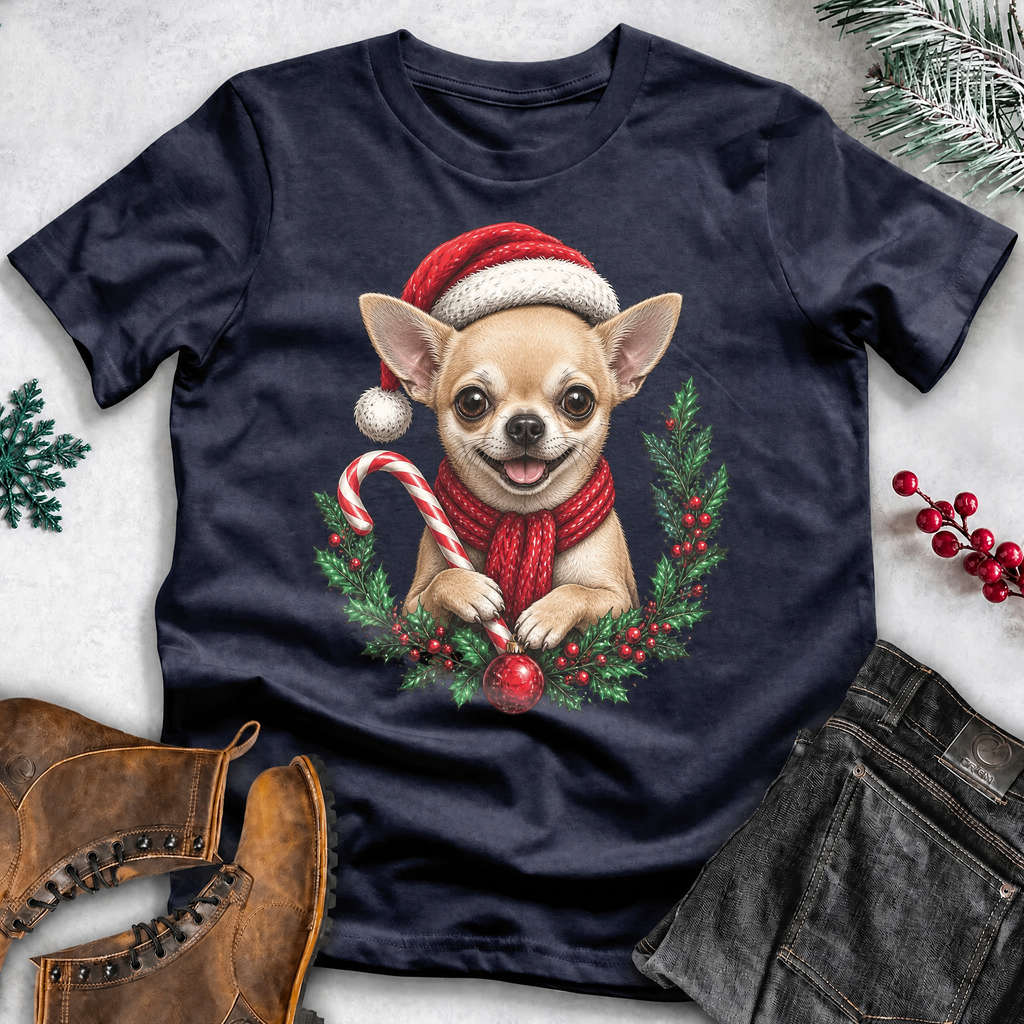 Dog Lover Christmas T-Shirt – Santa Hat, Scarf & Candy Cane