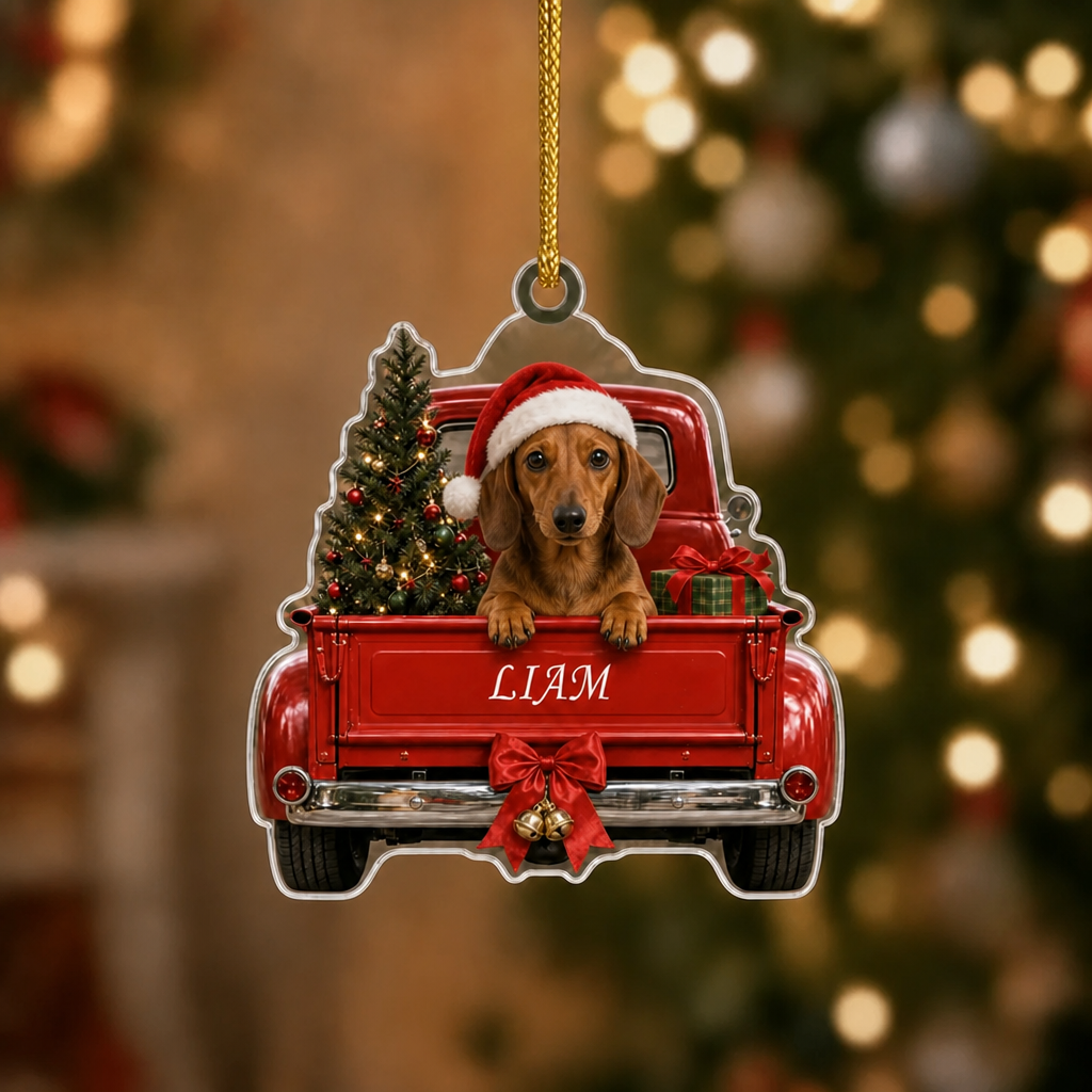 Personalized Dog Christmas Ornament – Vintage Red Truck & Tree