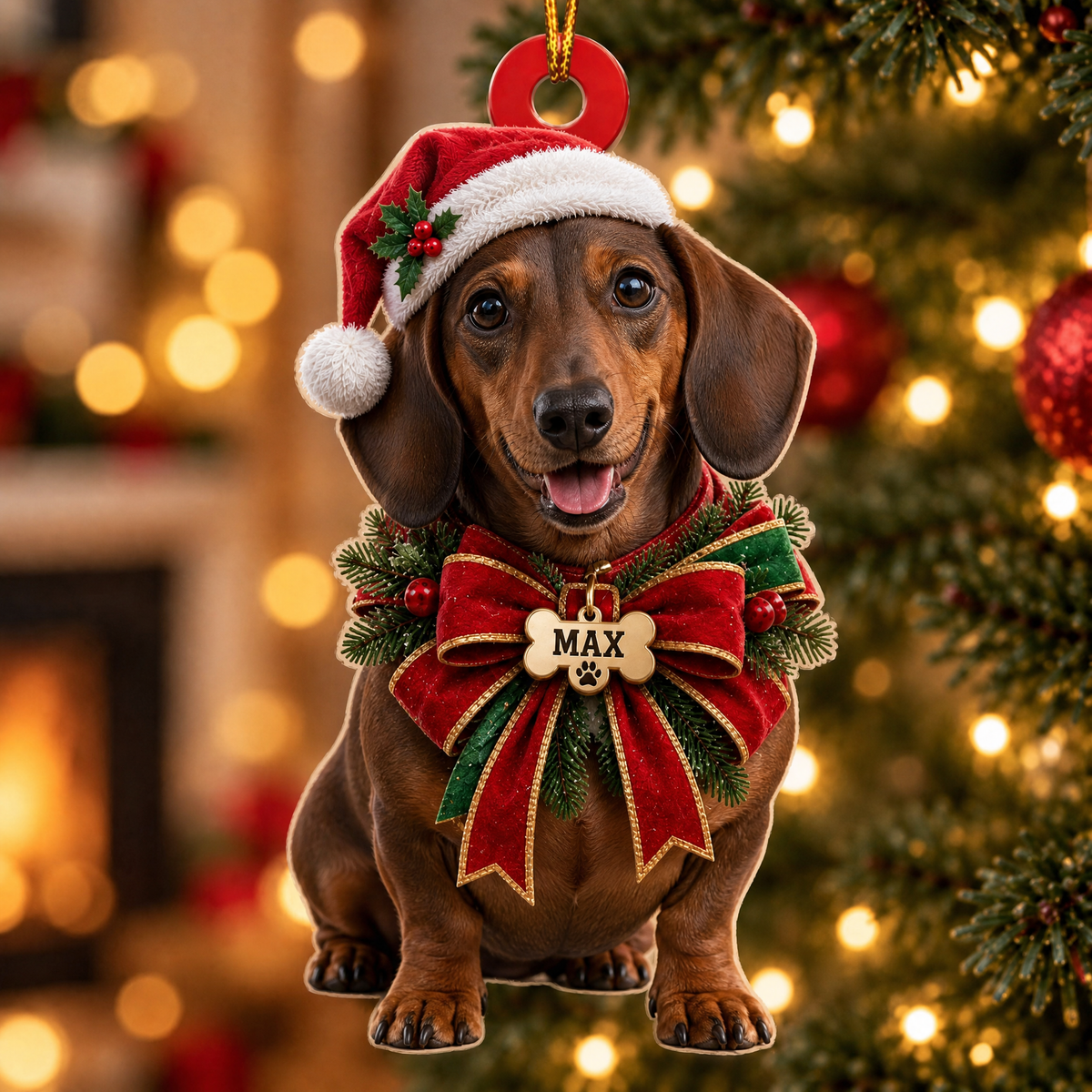 Personalized Dog Christmas Ornament – Custom Pet Name Holiday Bow Ornament