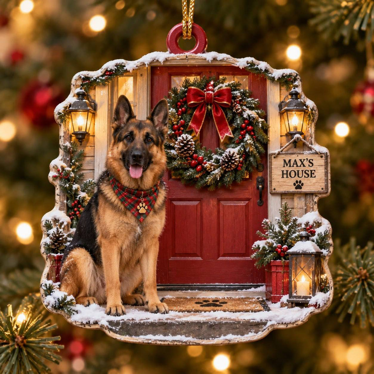 Personalized Dog Christmas Ornament – Custom Pet Name Holiday Door Wreath Ornament