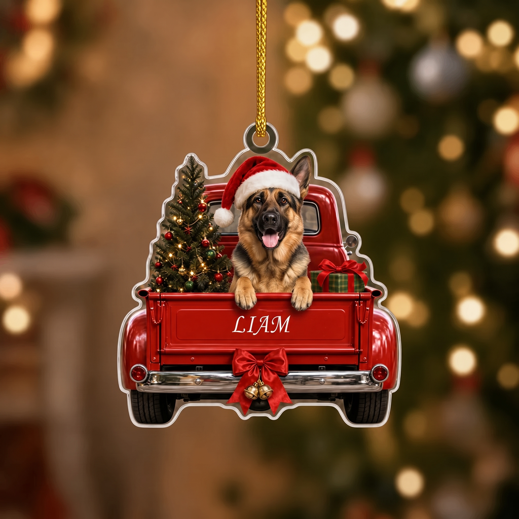 Personalized Dog Christmas Ornament – Vintage Red Truck & Tree