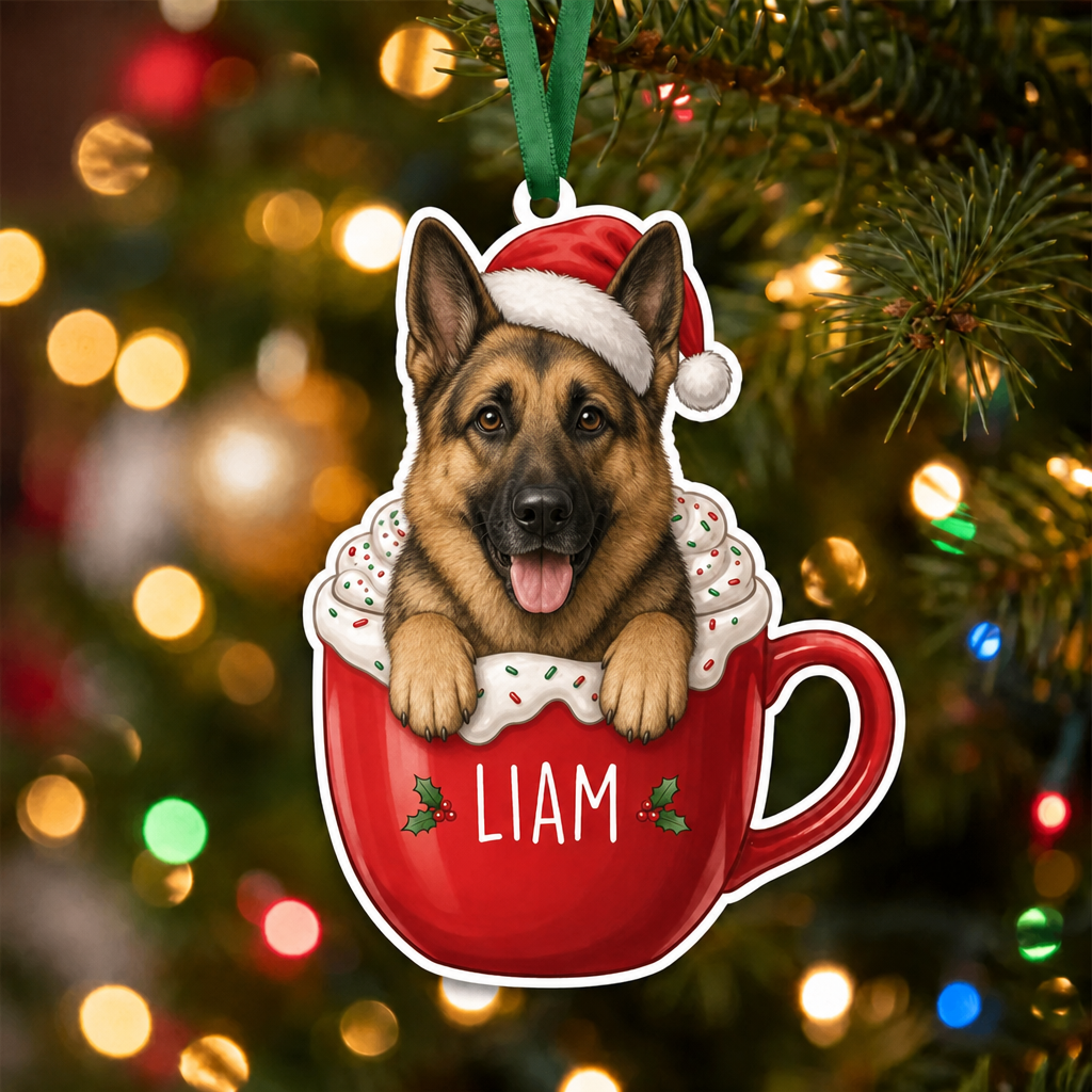 Personalized Pet Ornament – Santa Hat Cocoa Mug