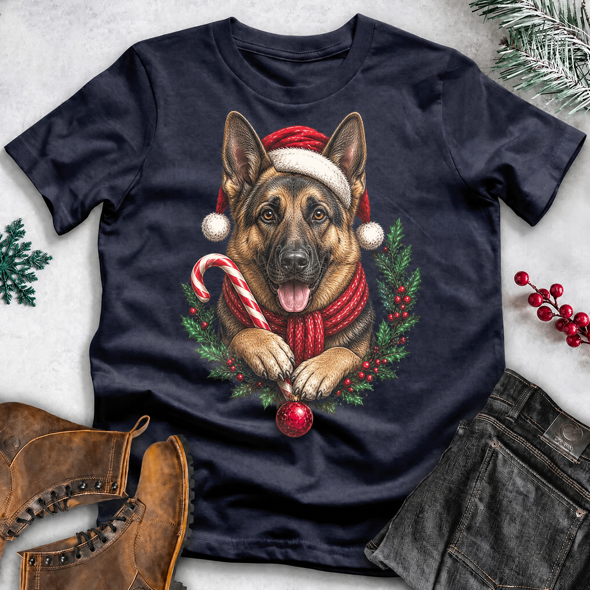 Dog Lover Christmas T-Shirt – Santa Hat, Scarf & Candy Cane