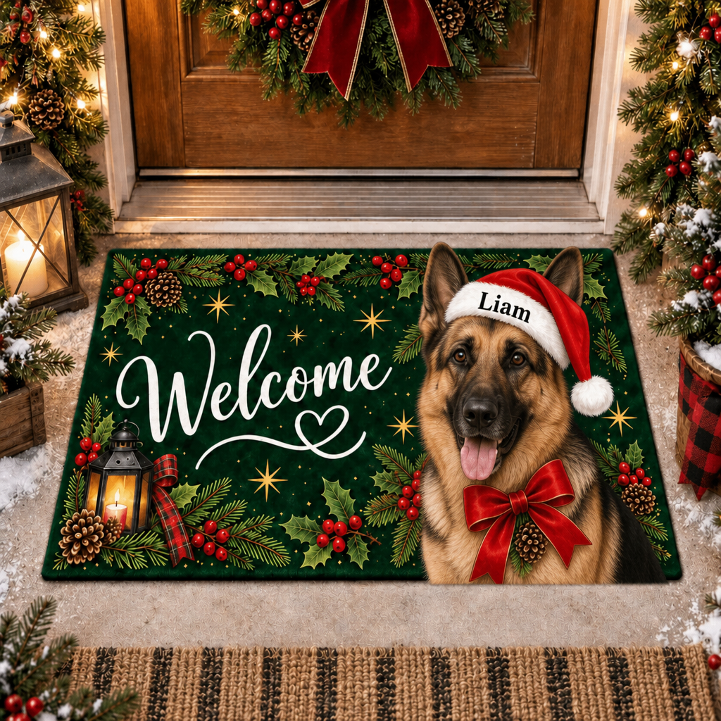 Custom Name Dog Doormat, Santa Hat Welcome Mat