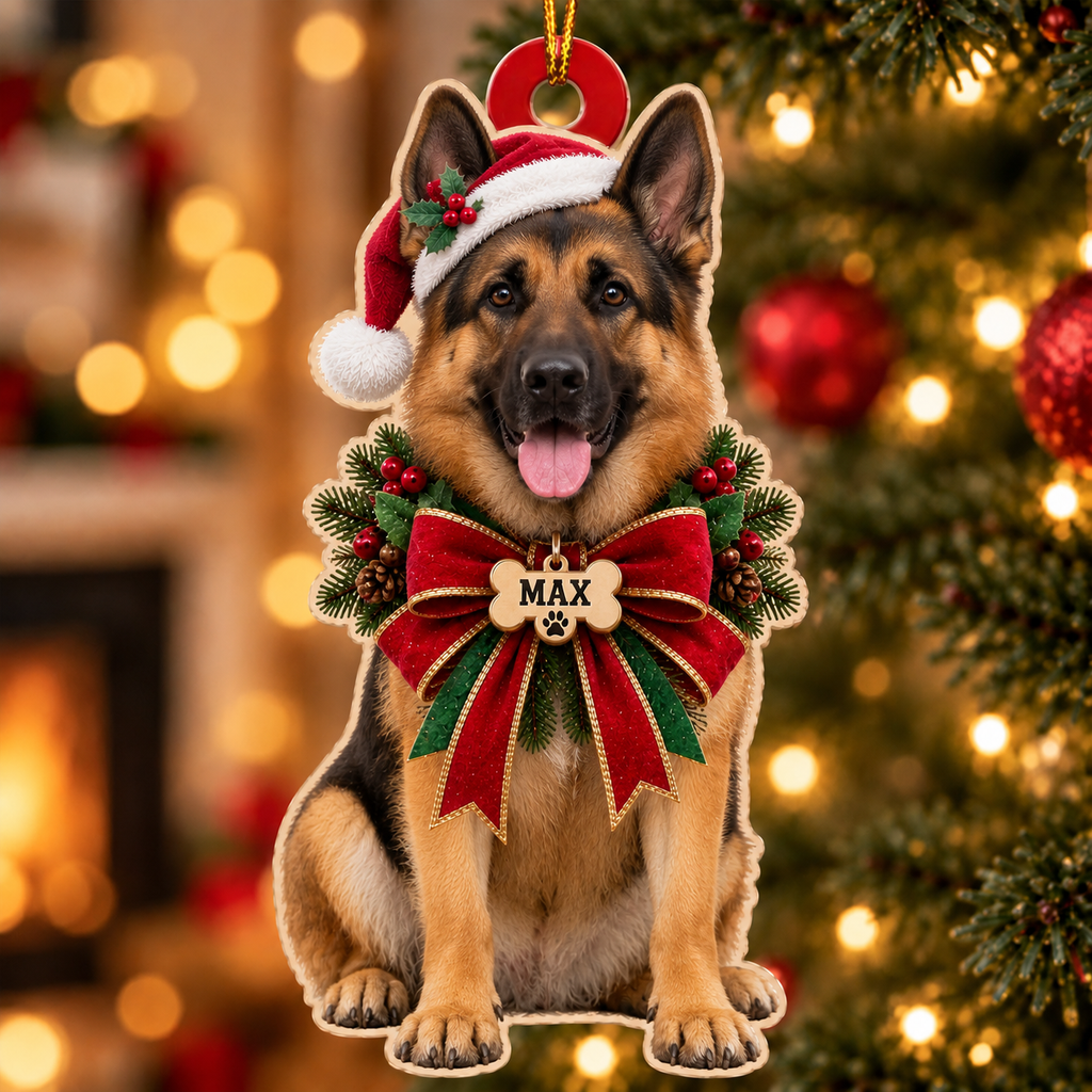 Personalized Dog Christmas Ornament – Custom Pet Name Holiday Bow Ornament
