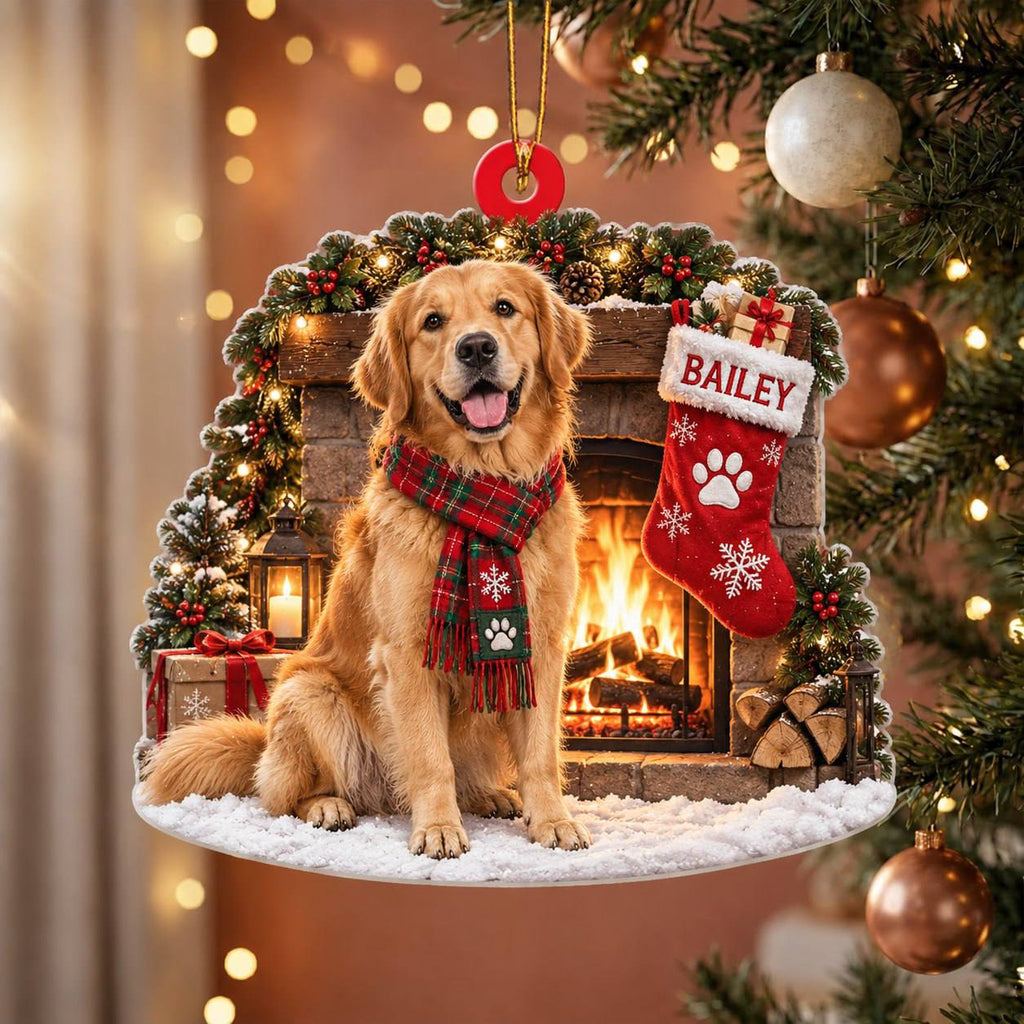 Personalized Dog Christmas Ornament – Custom Pet Name Stocking by the Fireplace Ornament