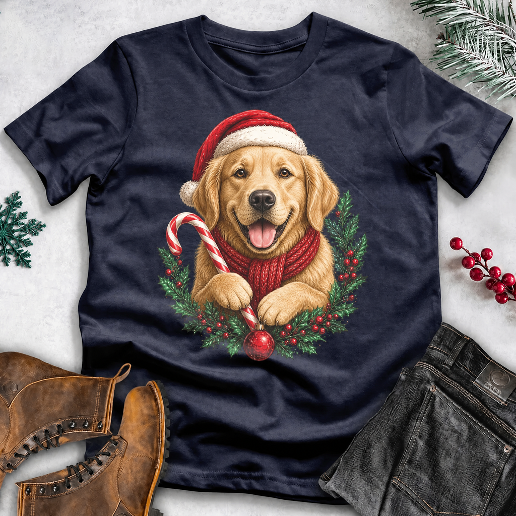 Dog Lover Christmas T-Shirt – Santa Hat, Scarf & Candy Cane