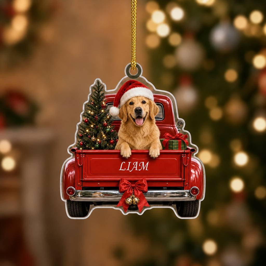 Personalized Dog Christmas Ornament – Vintage Red Truck & Tree
