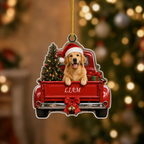 Personalized Dog Christmas Ornament – Vintage Red Truck & Tree