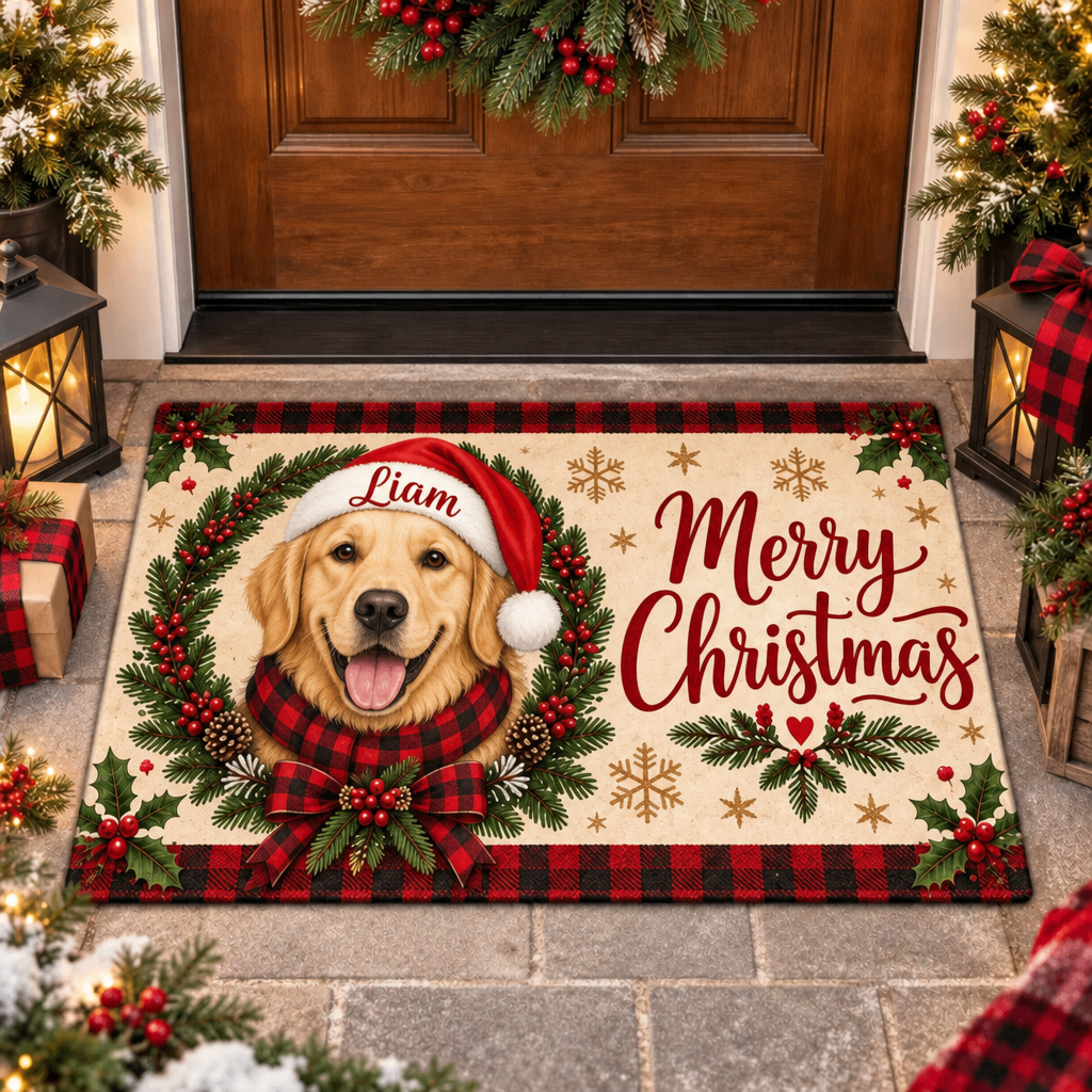 Custom Pet Doormat – Santa Dog, Plaid Wreath, Merry Christmas