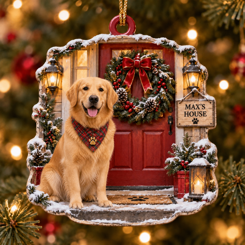 Personalized Dog Christmas Ornament – Custom Pet Name Holiday Door Wreath Ornament