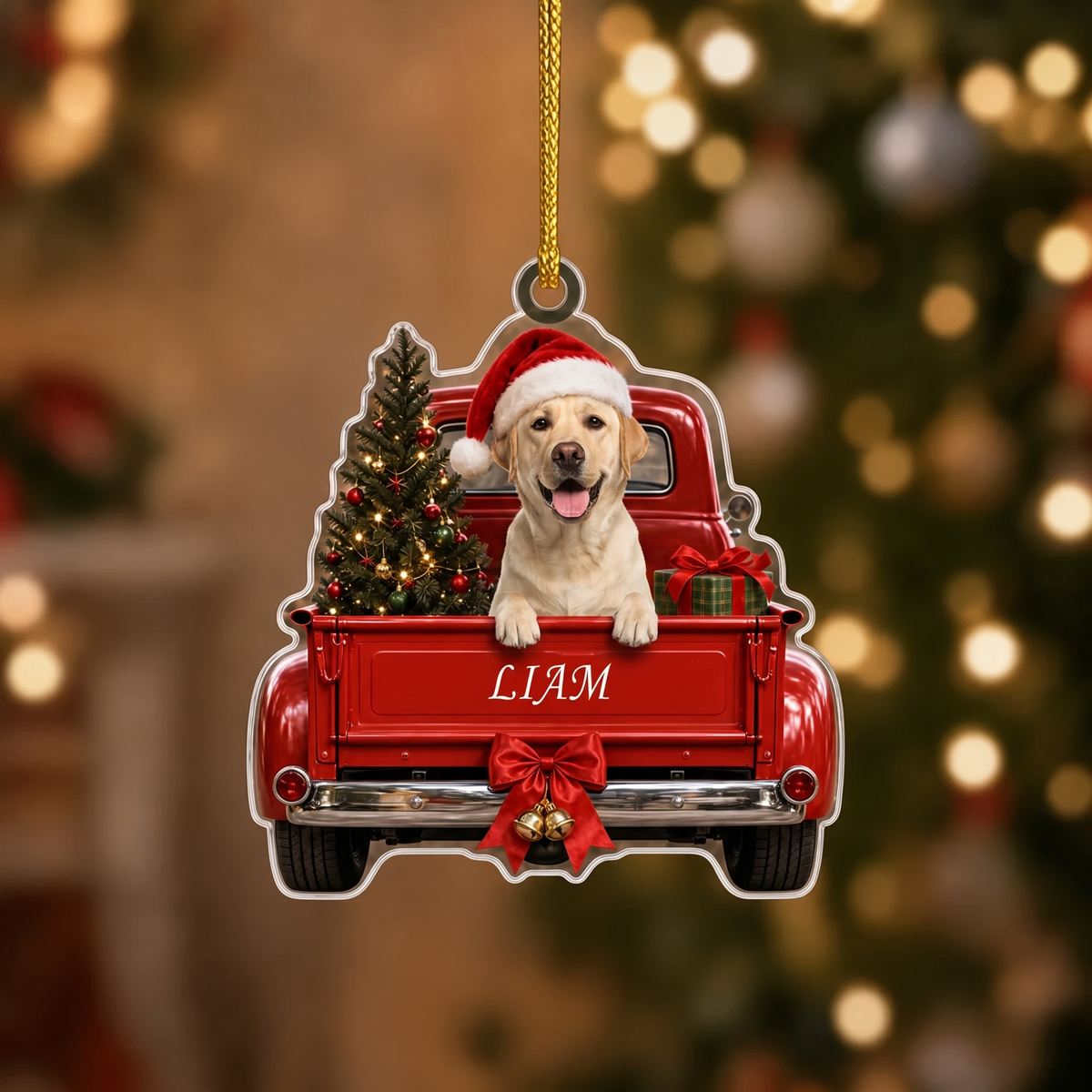 Personalized Dog Christmas Ornament – Vintage Red Truck & Tree