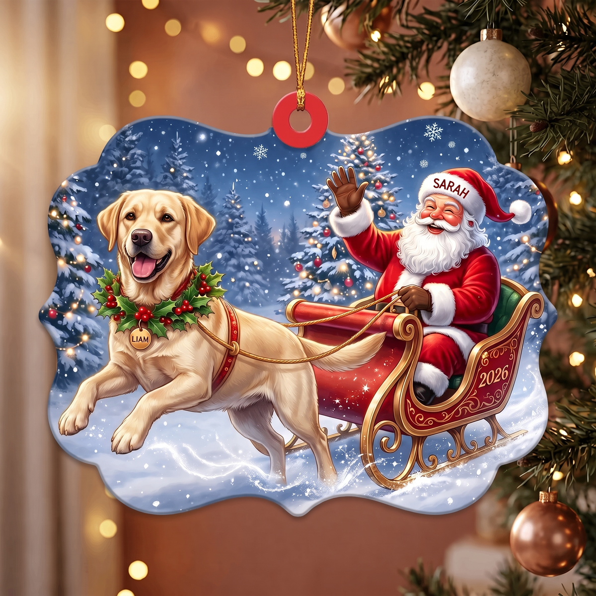 Custom Pet Ornament – Santa's Sleigh, Dual Name Personalization