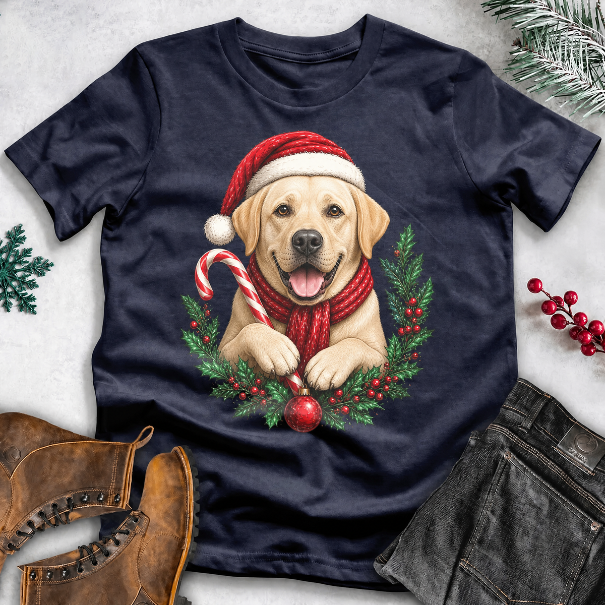 Dog Lover Christmas T-Shirt – Santa Hat, Scarf & Candy Cane