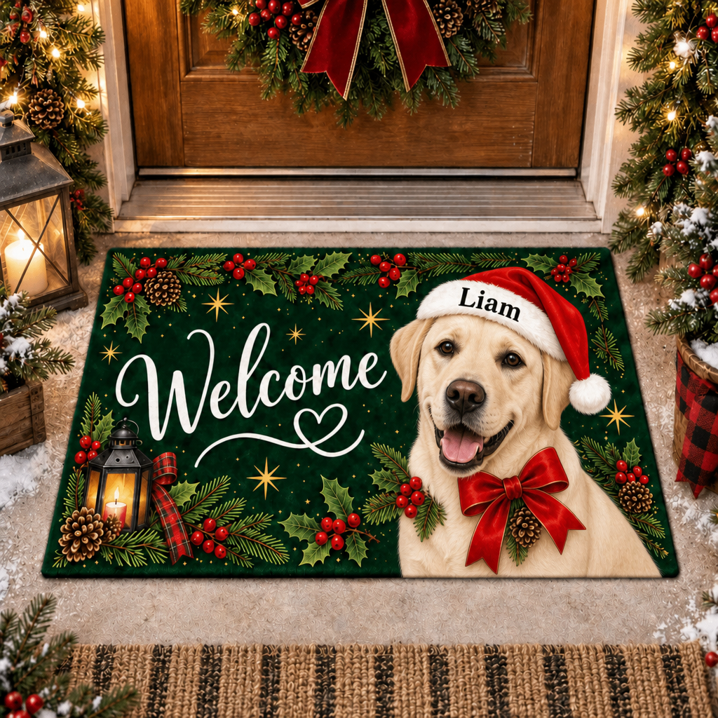 Custom Name Dog Doormat, Santa Hat Welcome Mat