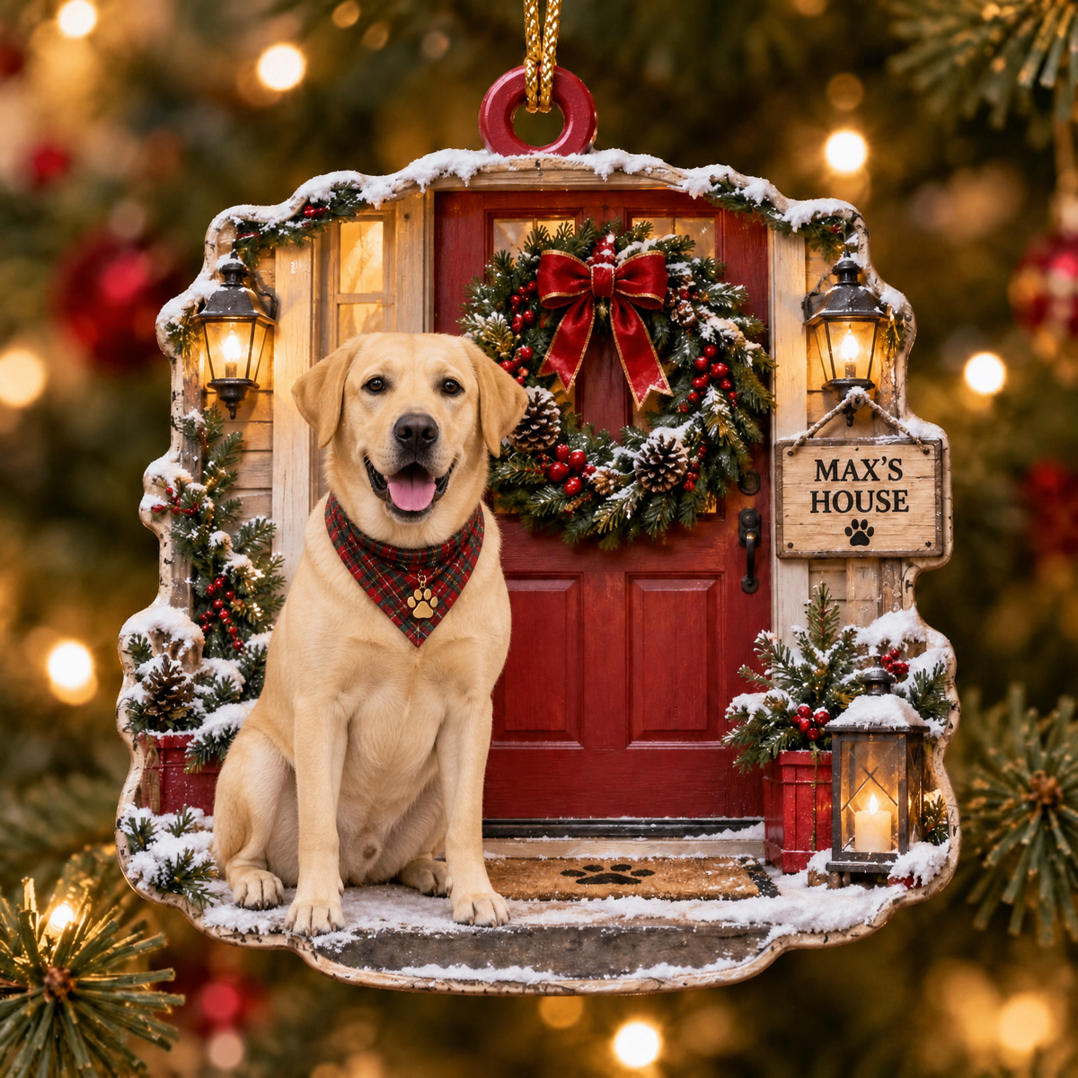 Personalized Dog Christmas Ornament – Custom Pet Name Holiday Door Wreath Ornament