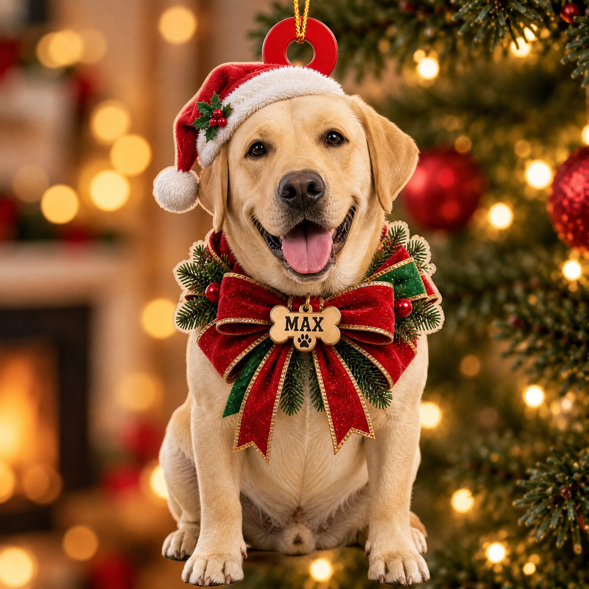 Personalized Dog Christmas Ornament – Custom Pet Name Holiday Bow Ornament