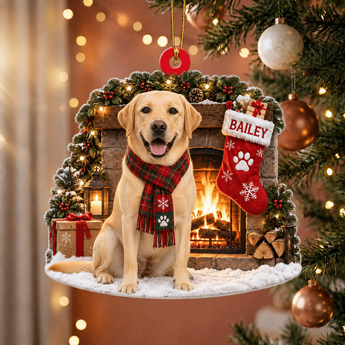 Personalized Dog Christmas Ornament – Custom Pet Name Stocking by the Fireplace Ornament