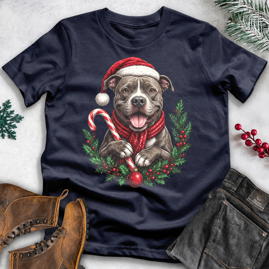 Dog Lover Christmas T-Shirt – Santa Hat, Scarf & Candy Cane