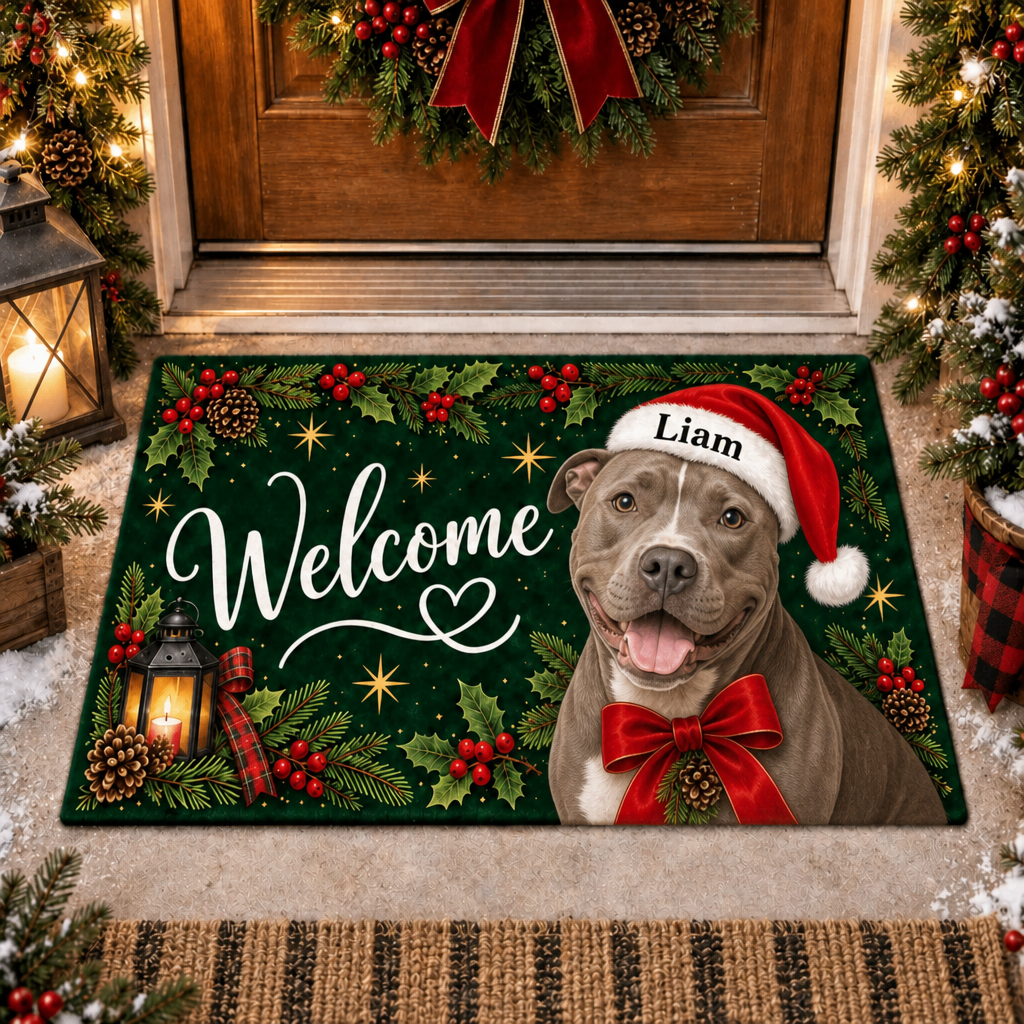 Custom Name Dog Doormat, Santa Hat Welcome Mat