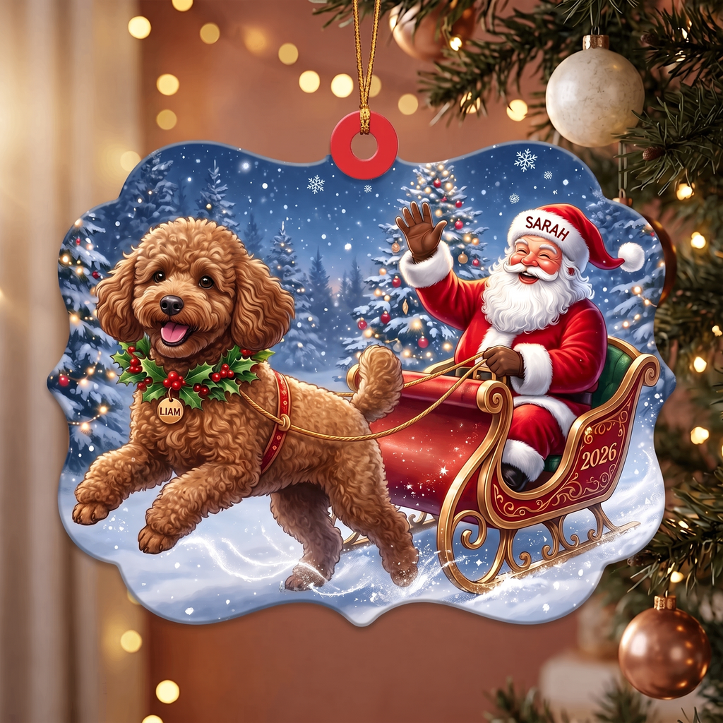 Custom Pet Ornament – Santa's Sleigh, Dual Name Personalization