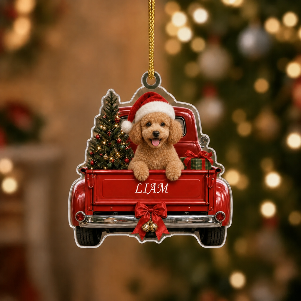 Personalized Dog Christmas Ornament – Vintage Red Truck & Tree