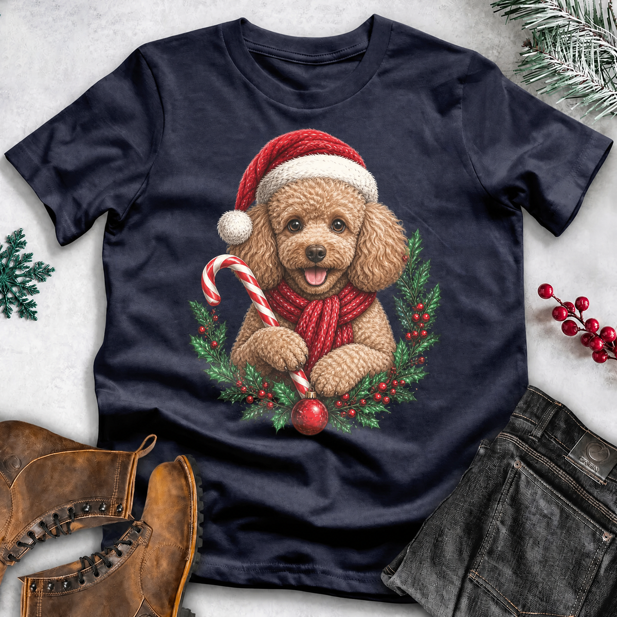 Dog Lover Christmas T-Shirt – Santa Hat, Scarf & Candy Cane