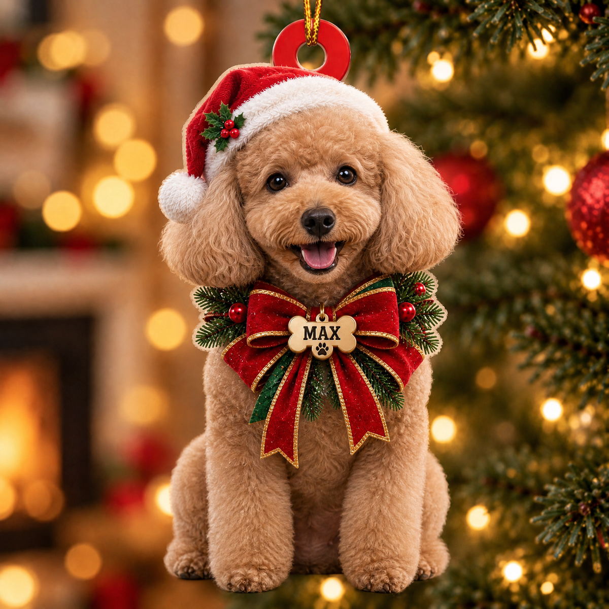 Personalized Dog Christmas Ornament – Custom Pet Name Holiday Bow Ornament