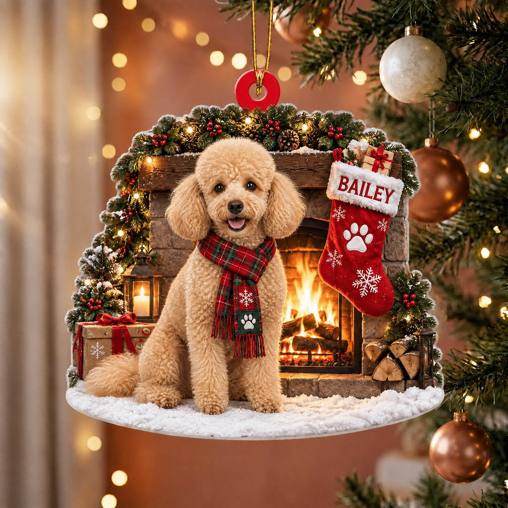 Personalized Dog Christmas Ornament – Custom Pet Name Stocking by the Fireplace Ornament