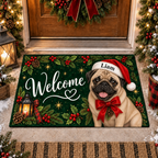 Custom Name Dog Doormat, Santa Hat Welcome Mat