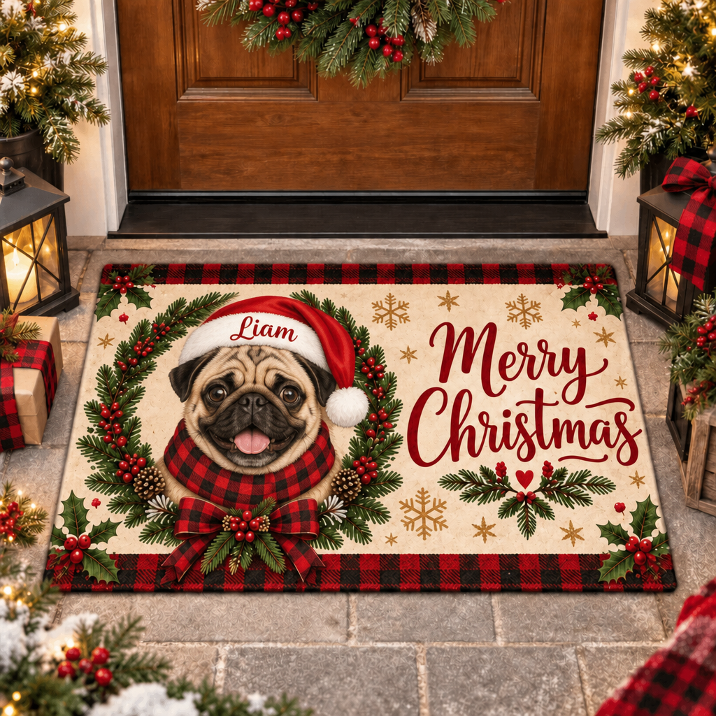Custom Pet Doormat – Santa Dog, Plaid Wreath, Merry Christmas