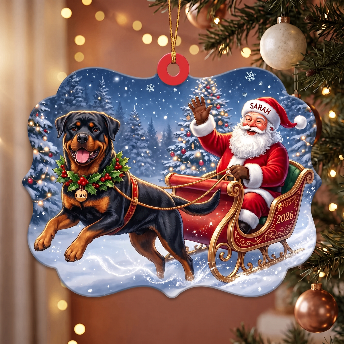 Custom Pet Ornament – Santa's Sleigh, Dual Name Personalization