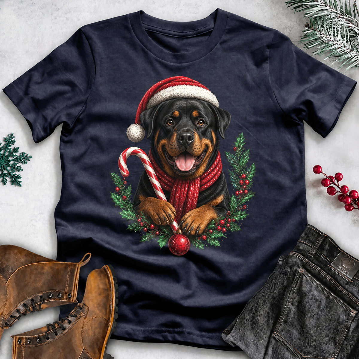 Dog Lover Christmas T-Shirt – Santa Hat, Scarf & Candy Cane
