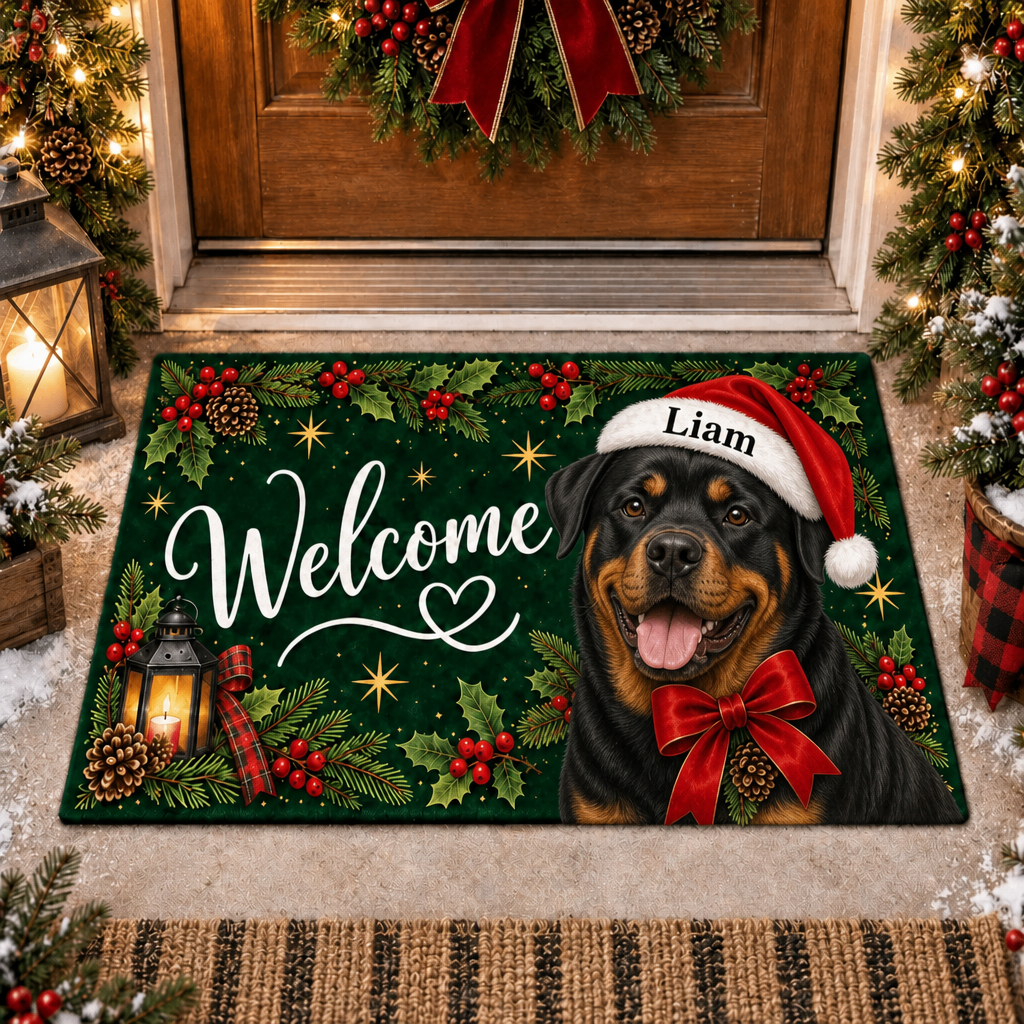 Custom Name Dog Doormat, Santa Hat Welcome Mat