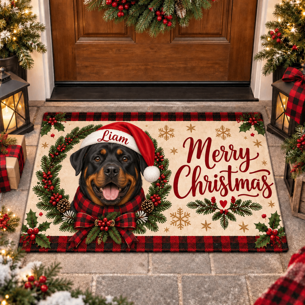 Custom Pet Doormat – Santa Dog, Plaid Wreath, Merry Christmas
