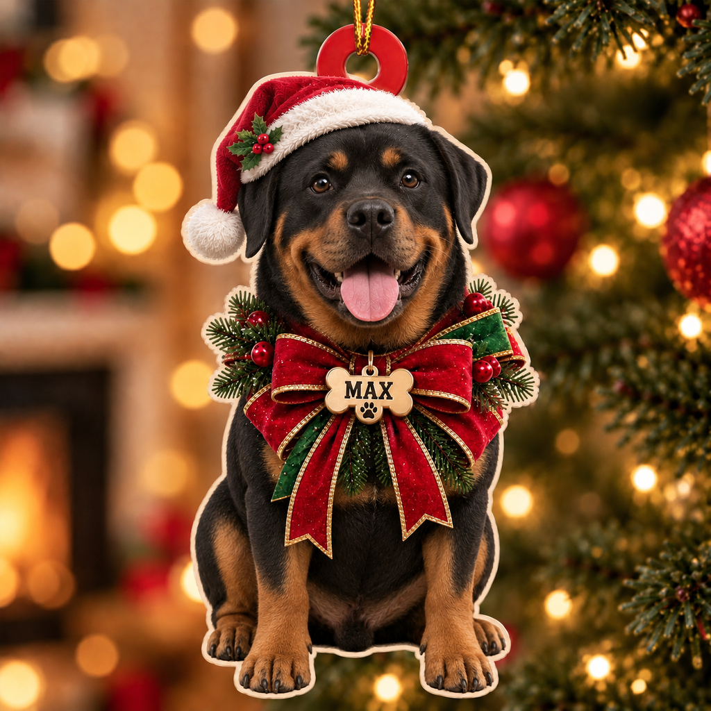 Personalized Dog Christmas Ornament – Custom Pet Name Holiday Bow Ornament