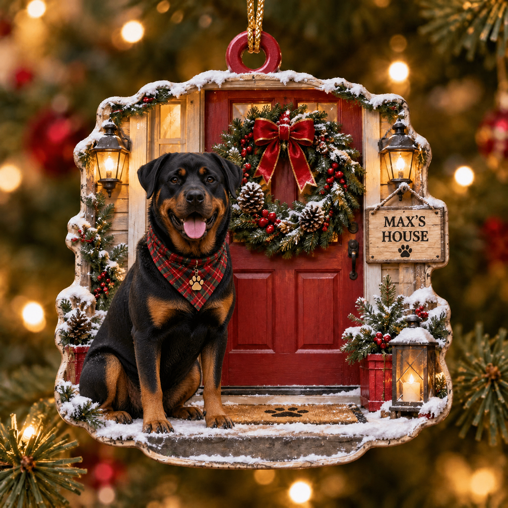 Personalized Dog Christmas Ornament – Custom Pet Name Holiday Door Wreath Ornament