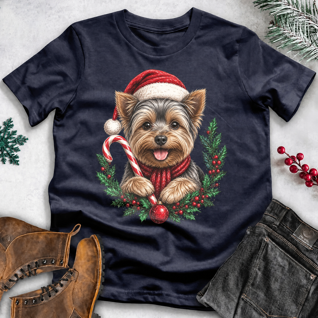 Dog Lover Christmas T-Shirt – Santa Hat, Scarf & Candy Cane